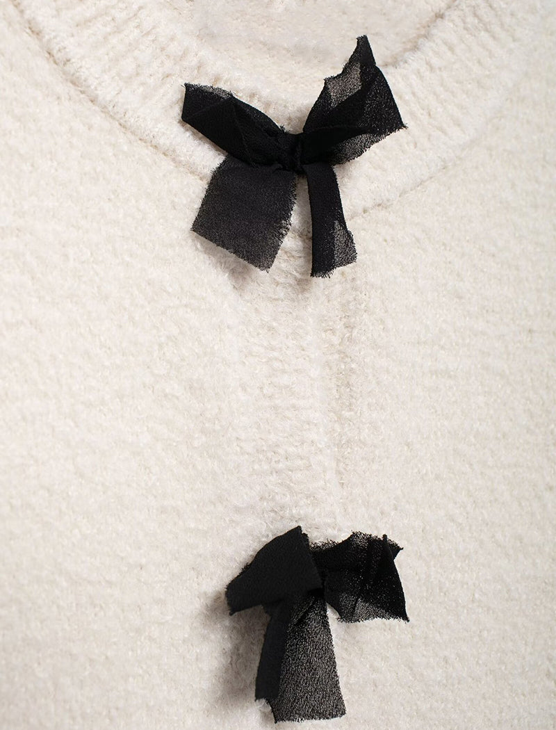 Bow-Detail Fringe Trim Tweed Cardigan