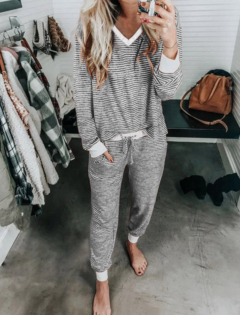 Striped Cozy Lounge Set with V-Neck