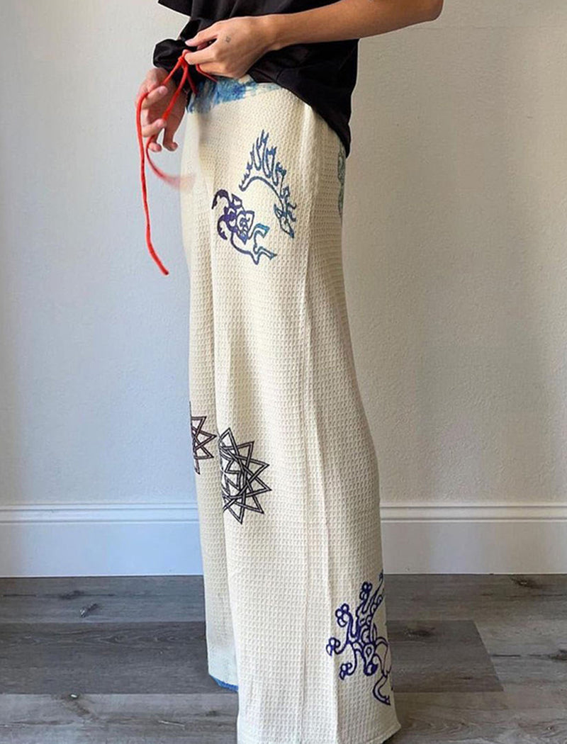 Wide-Leg Drawstring Graphic Pants