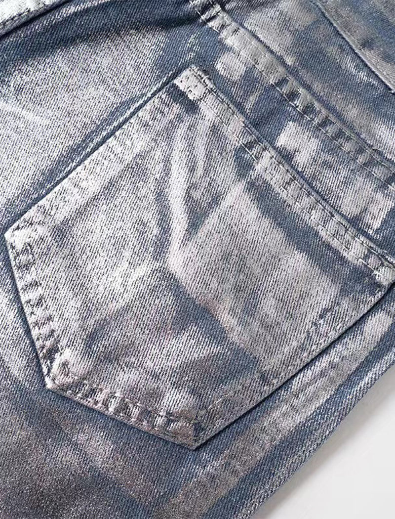 Straight-Leg Blue Silver-Printed Jeans