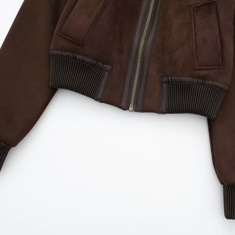 Cropped Shearling Collar Bomber Jacket