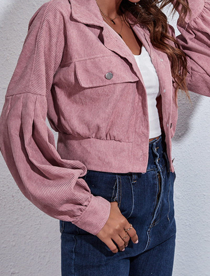 Corduroy Lantern Sleeve Cropped Jacket