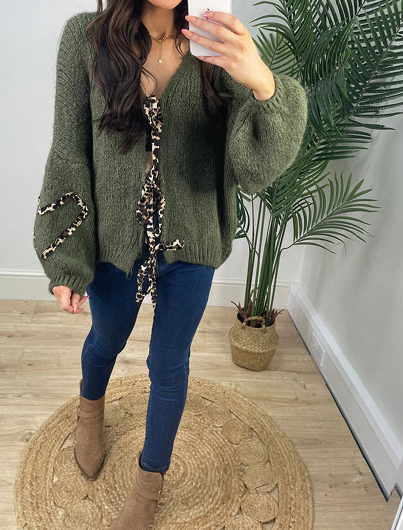 Tie-Front Knit Sweater with Heart Accents