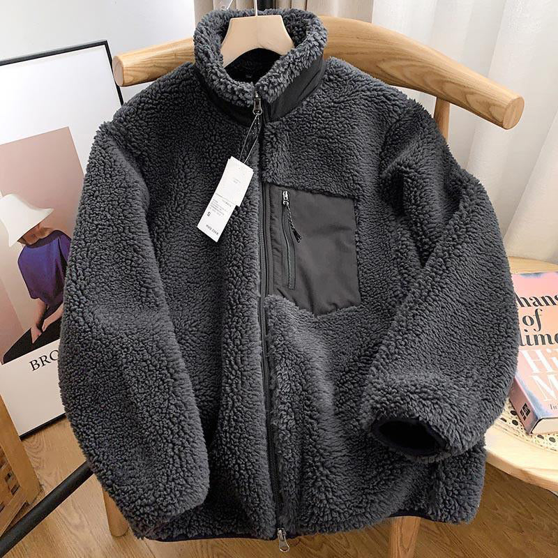 Zipper Windproof Pocket Stand Collar Fleece Coat