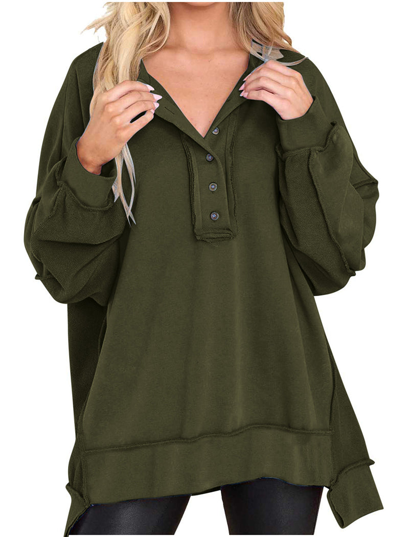 Buttoned V-Neck Oversized Hoodie