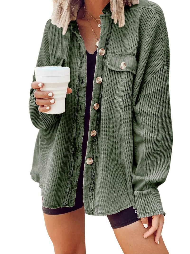 Button-Up Frayed Waffle Shacket