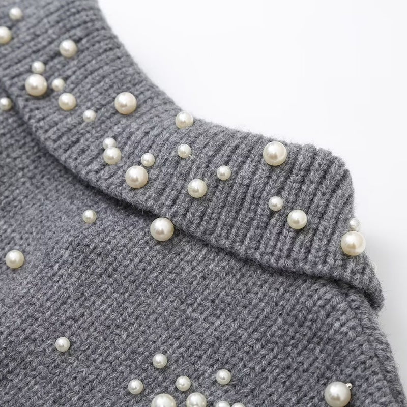 Pearl Detail Collared Long Sleeve Knit Coat