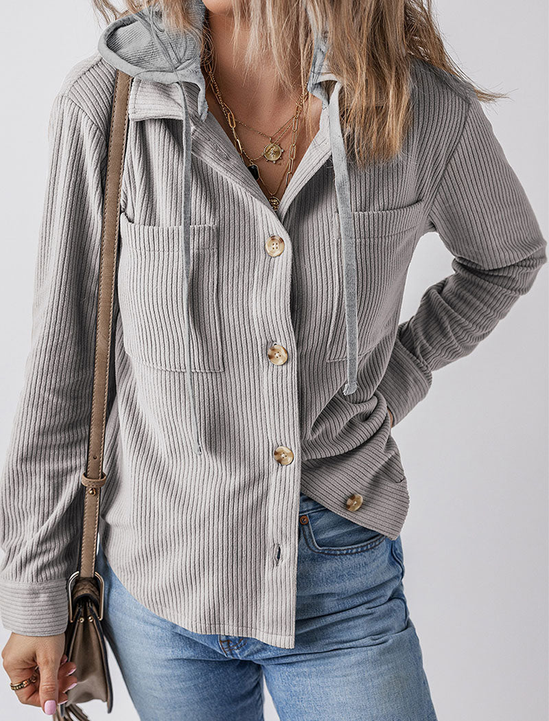 Button-Up Hooded Casual Long Sleeve Top