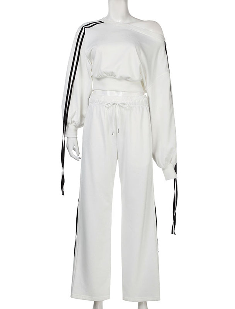 Color-Blocked Drawstring Waist Off-Shoulder Hoodie and Pants Set