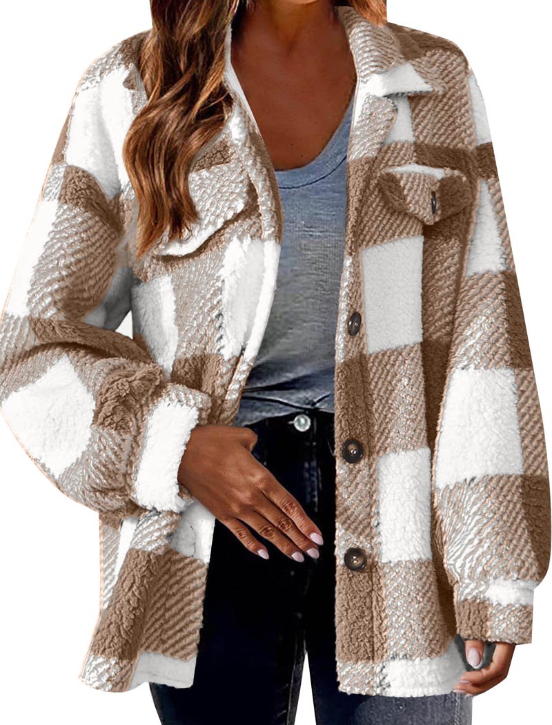 Plaid Sherpa Jacket with Button Closure