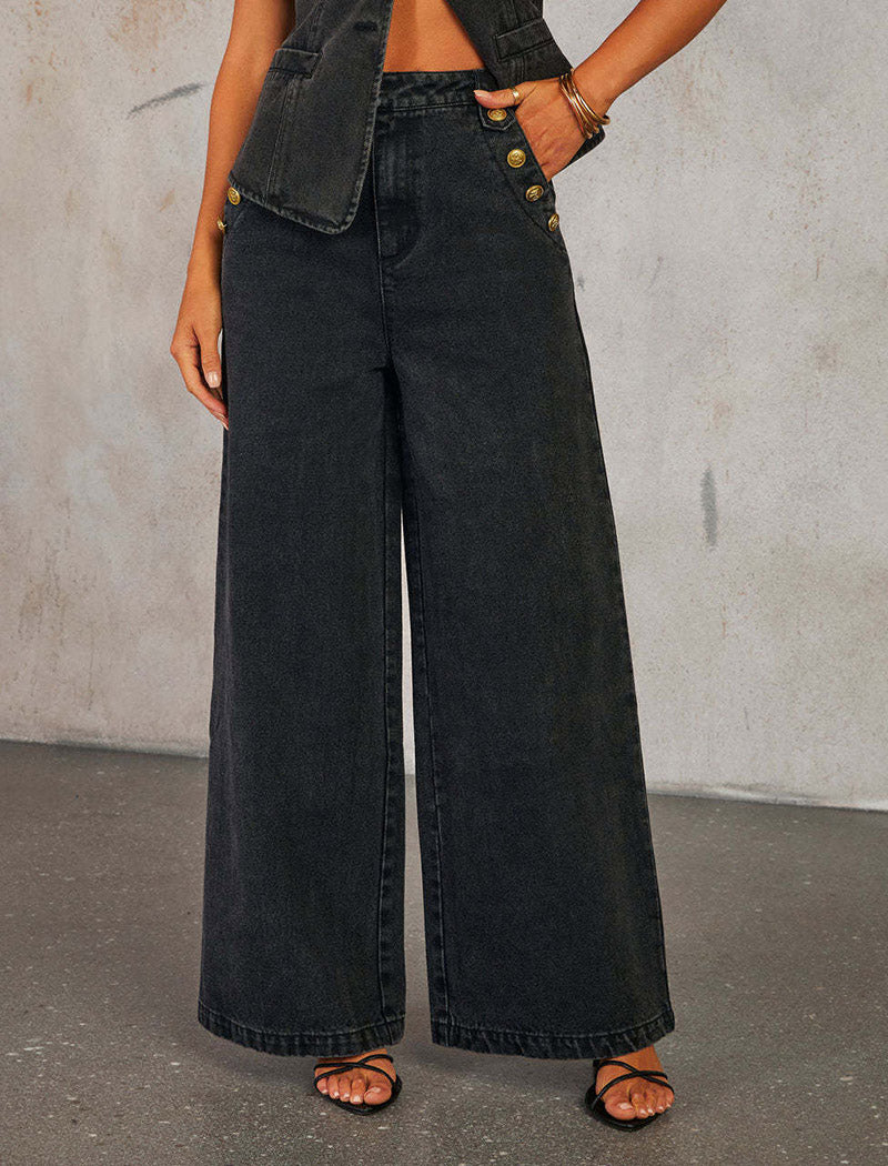 High-Waisted Wide-Leg Denim Pants