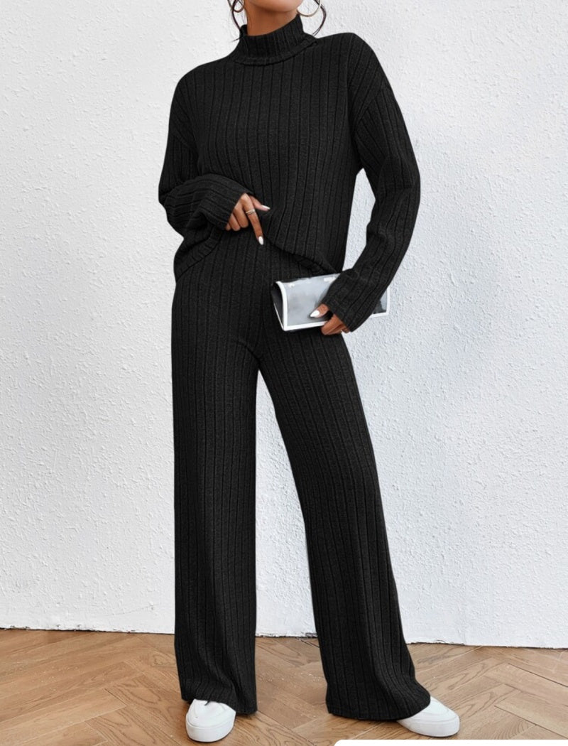 Ribbed Knit Long Sleeve Top and Pants Set