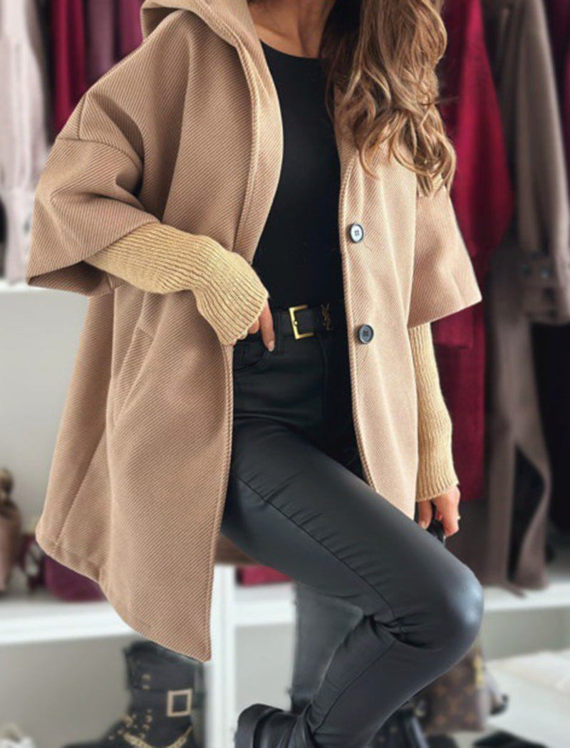 Hooded Cape Cardigan with Knit Sleeves