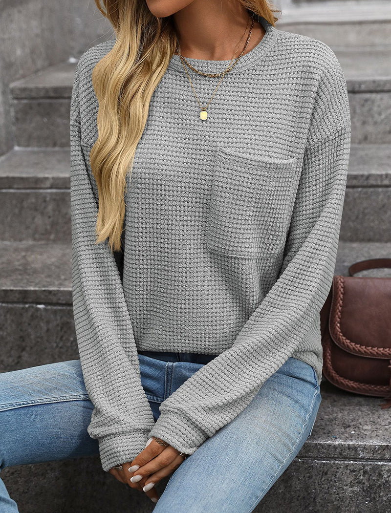 Waffle Knit Top with Chest Pocket