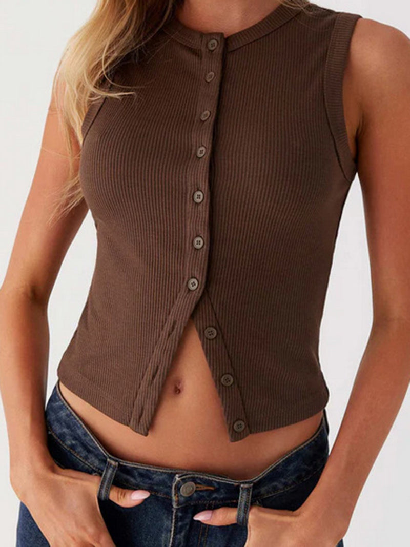 Sleeveless Button-Front Crop Top