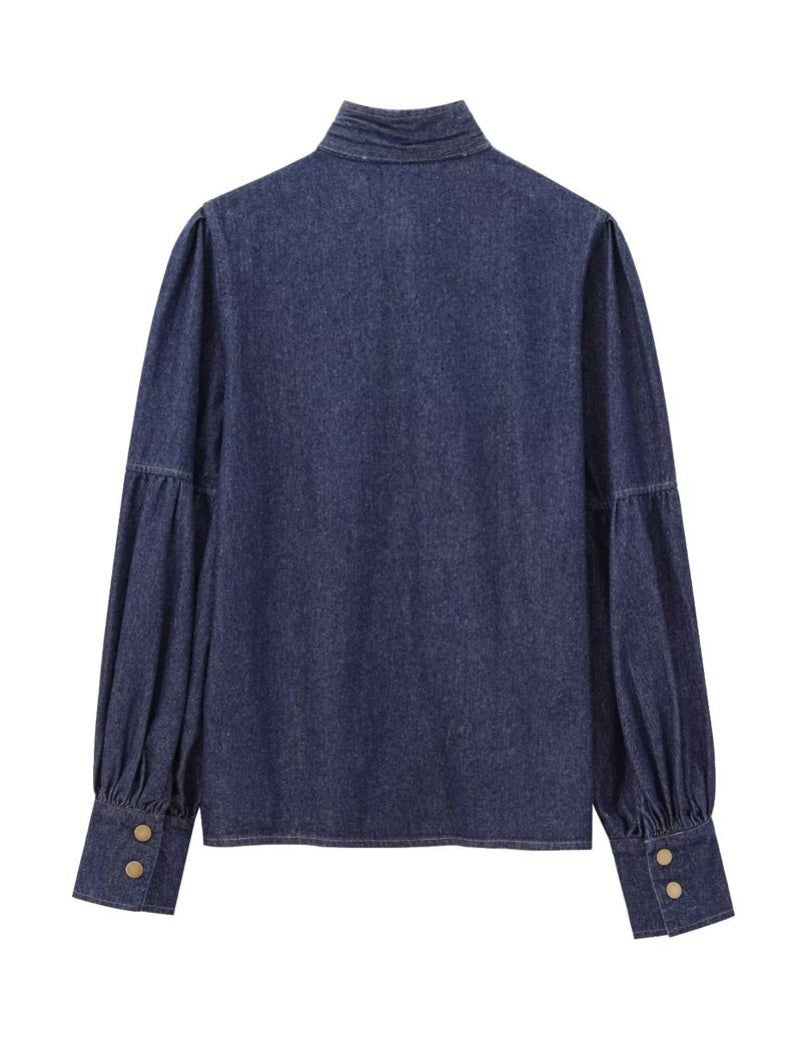 Bow-Tie Puff-Sleeve Button-Up Shirt