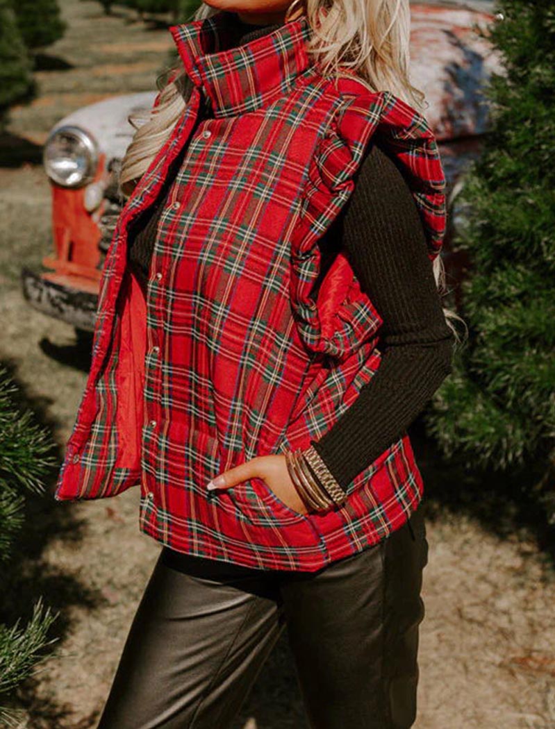 Ruffle Shoulder Plaid Puffer Vest