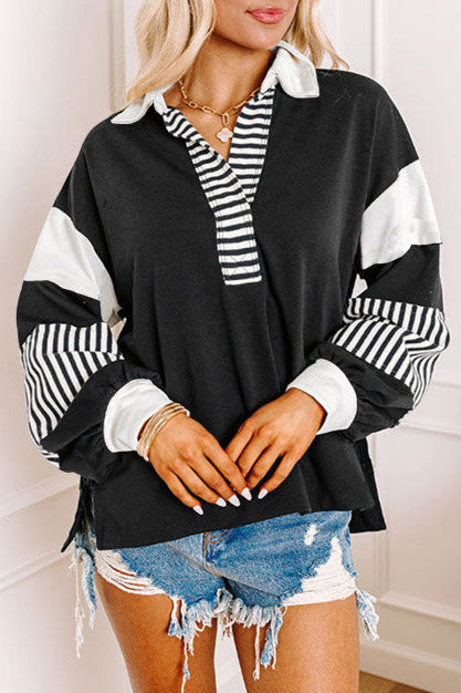 Striped Patchwork Pullover with V-Neck