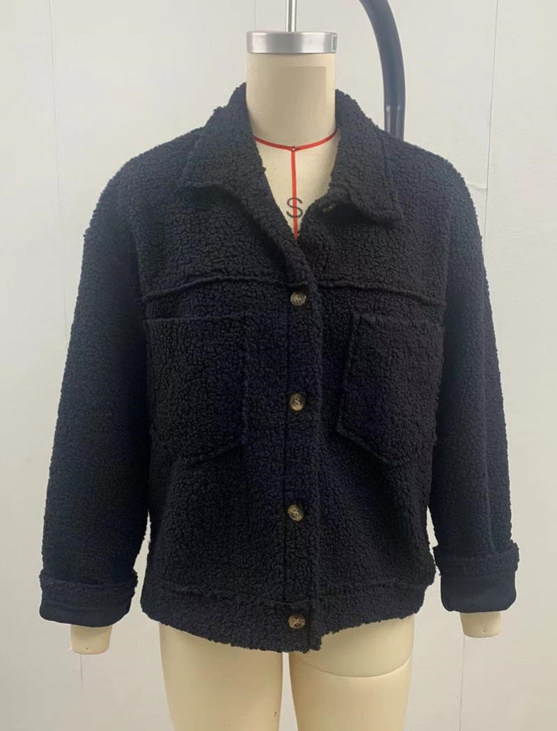 Button-Up Sherpa Jacket with Pockets