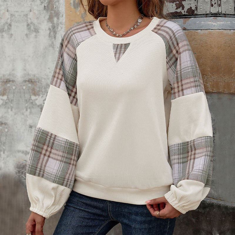 Plaid Patchwork Sleeve Pullover Top