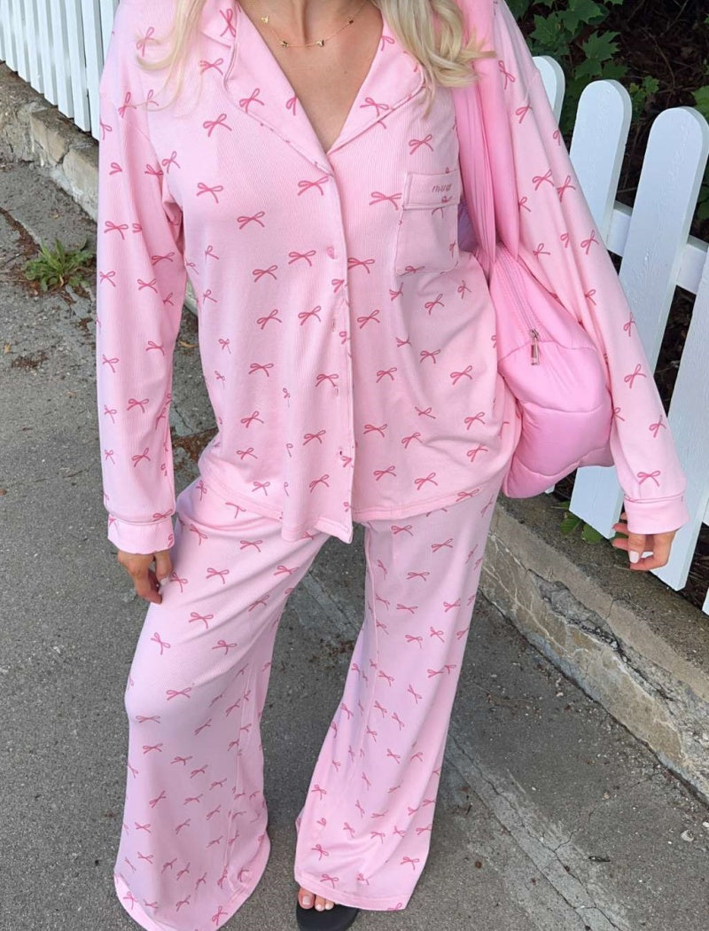 Pink Bow Print Pajama Set