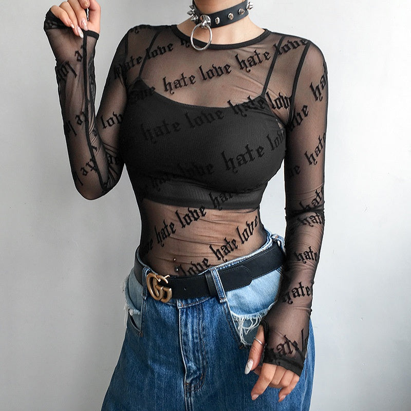 Sheer Love-Hate Print Mesh Long Sleeve Top