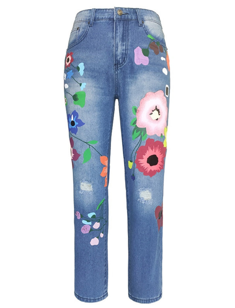 Floral Embellished Distressed Jeans