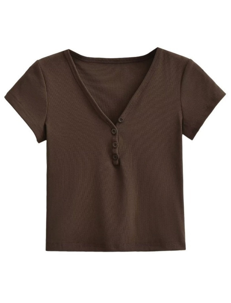 V-Neck Buttoned Short Sleeve Tee