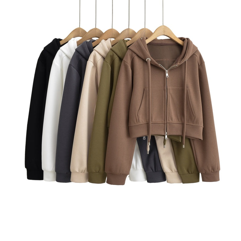 Cropped Zip-Up Hoodie with Drawstrings