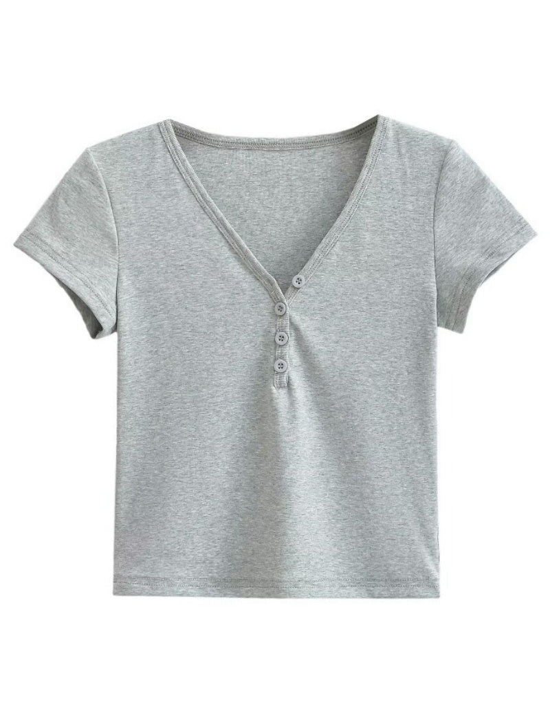 V-Neck Buttoned Short Sleeve Tee