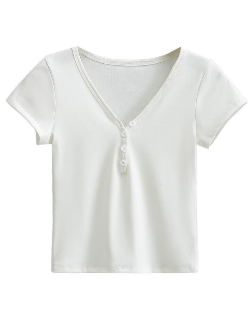 V-Neck Buttoned Short Sleeve Tee