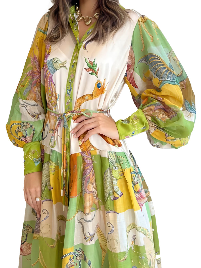 Puff Sleeves Patchwork Midi Dress
