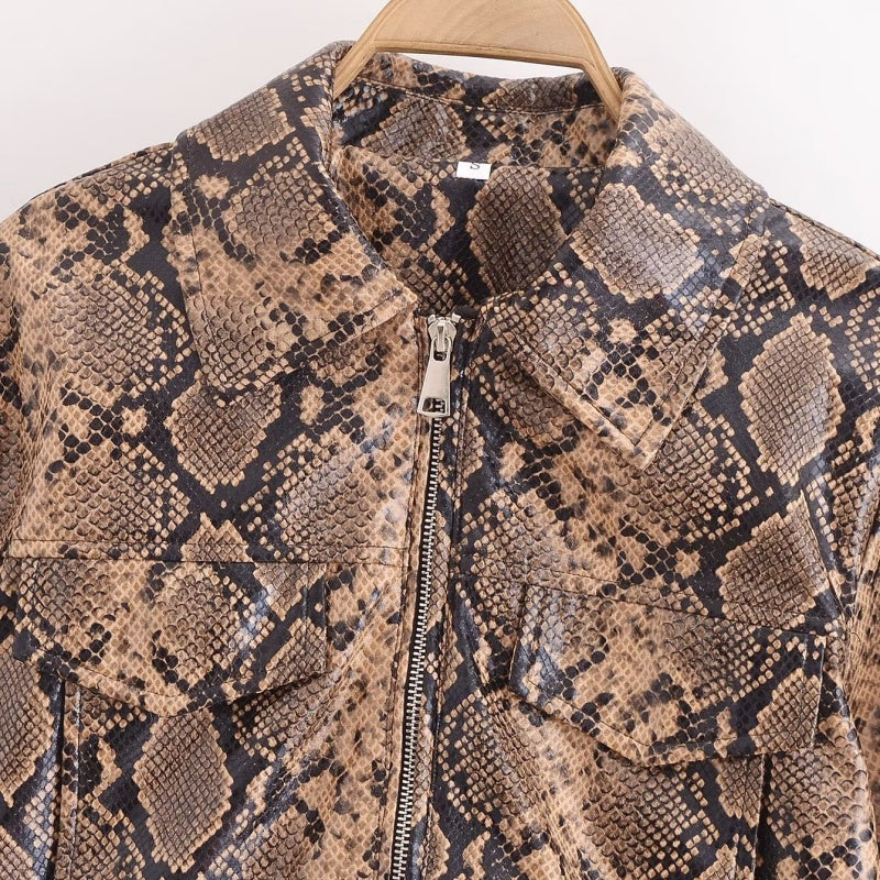 Cropped Faux Snakeskin Jacket