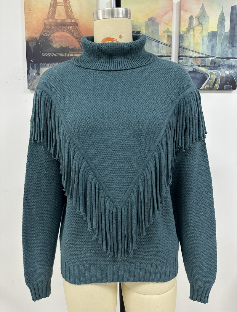 Fringe Knit Turtleneck Sweater with V-Design