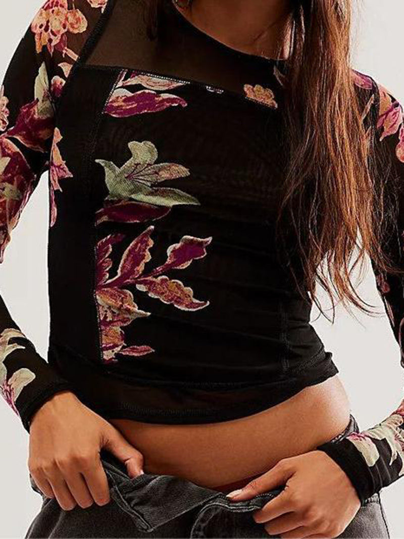 Floral Print Long-Sleeve Crop Top