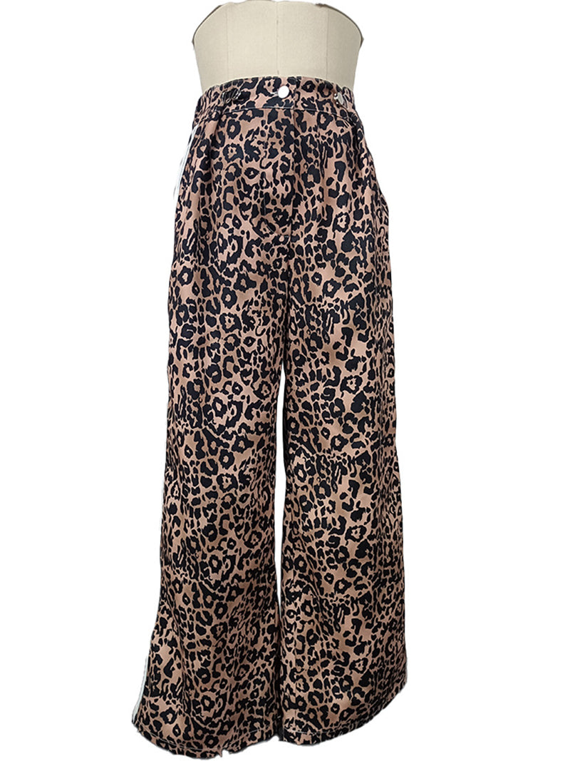 Leopard Print Striepd Wide-Leg Pants