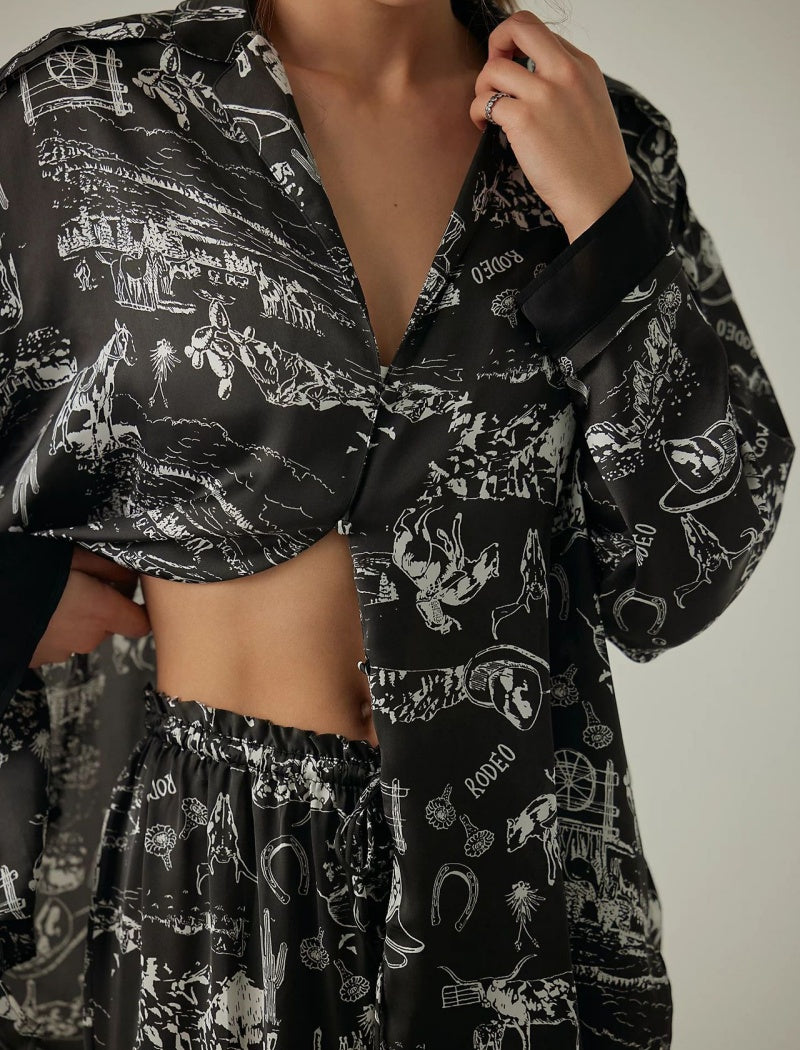 Floral Print Satin Long-Sleeves and Pants Pajama Set