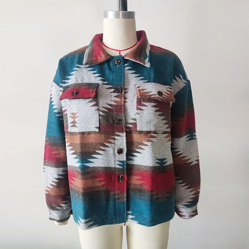 Geometric Print Cropped Loose Collar Jacket