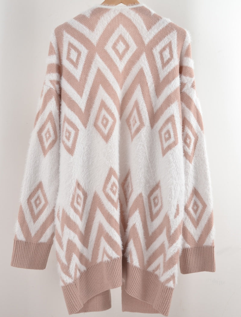 Geometric Knit Open-Front Cardigan
