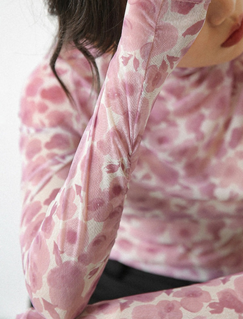 Semi-High Neck Printed Gradient Long Sleeve T-Shirt