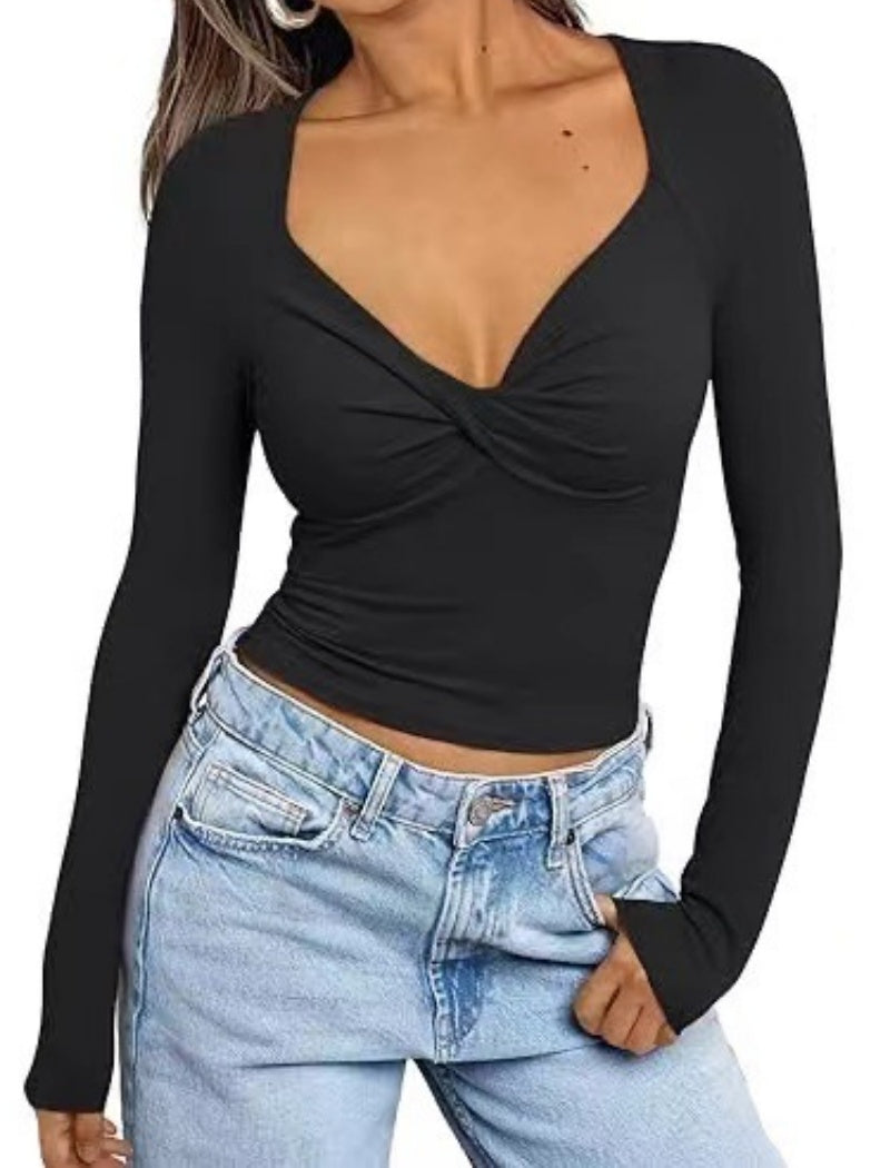 Twist Front V-Neck Slim Fit Long Sleeve Top