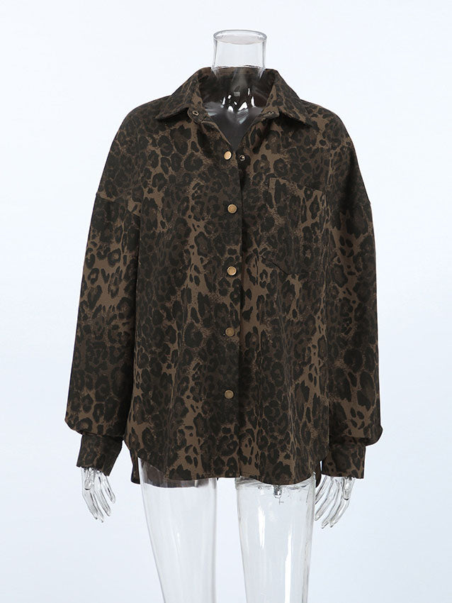 Leopard Print Collared Long Sleeve Jacket