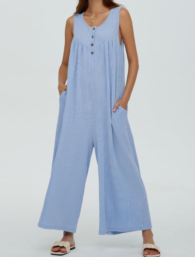 Button-Front Wide-Leg Sleeveless Jumpsuit