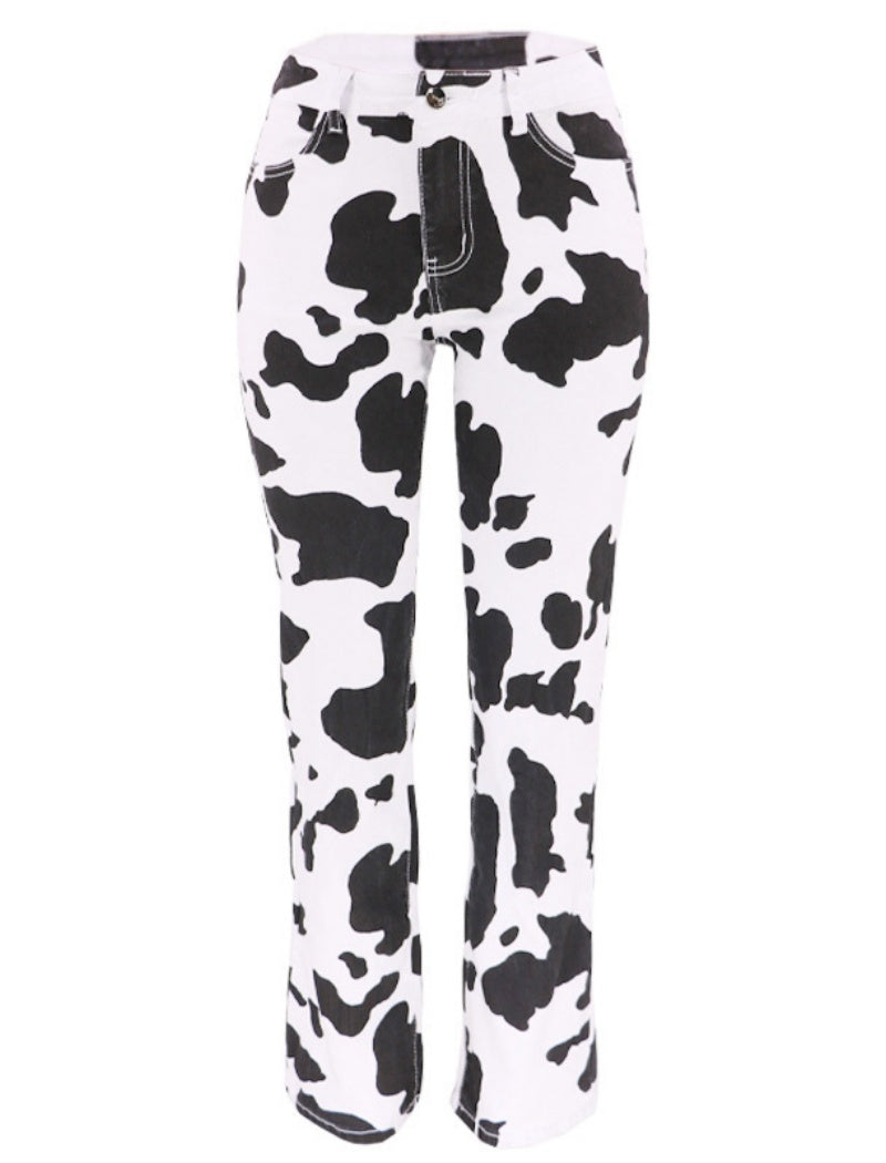 High-Waist Flared Cow Print Pants