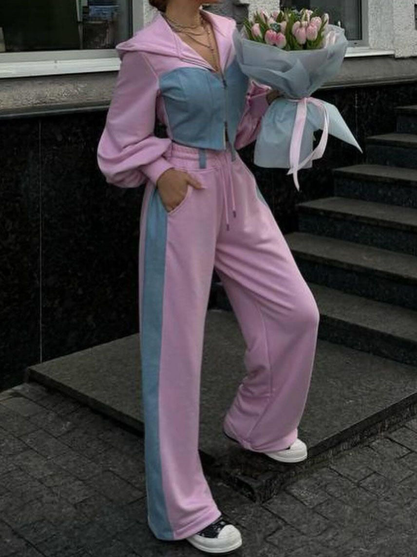 Zip-Up Cropped Hoodie and Colorblock Pants Set