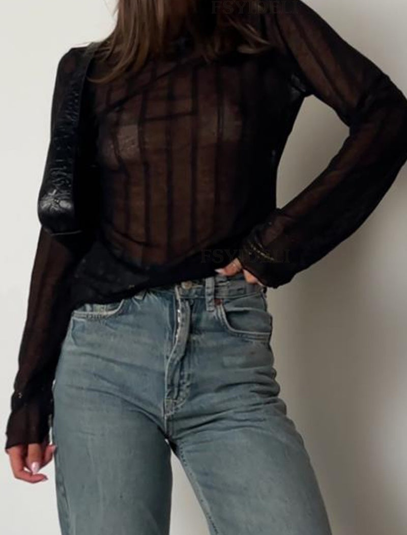 Sheer Cropped Long Sleeve Top