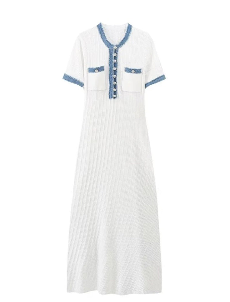 Denim Patchwork Knit Bodycon Maxi Dress