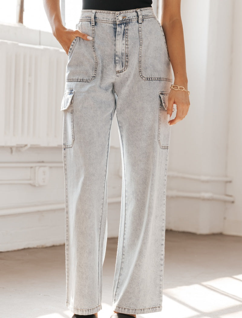 High-Waisted Cargo Style Straight Jeans
