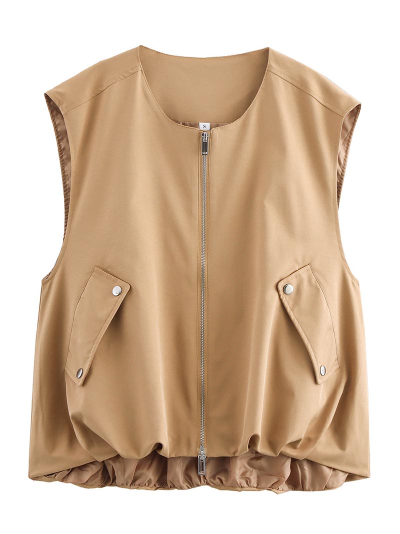 Sleeveless Pockets Zip-Up Vest