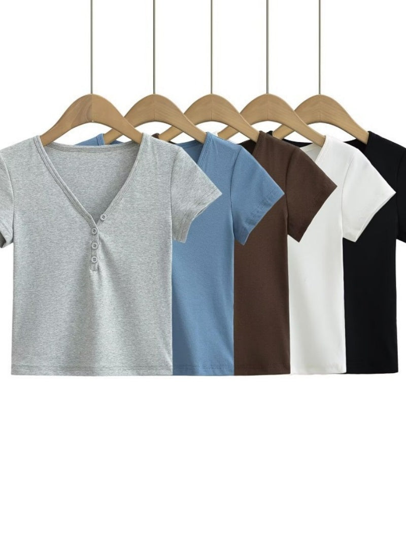 V-Neck Buttoned Short Sleeve Tee